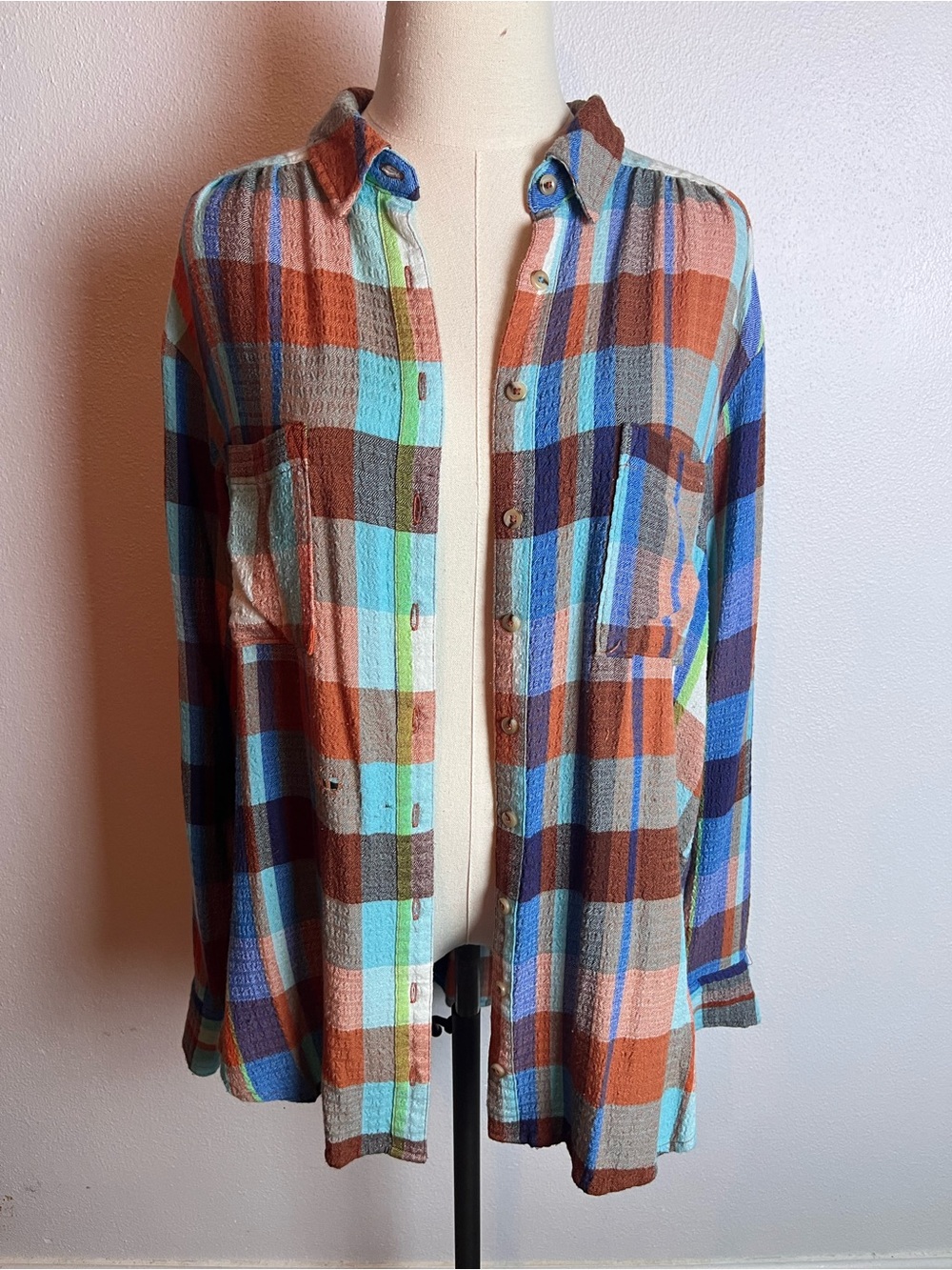 Pilcro Plaid Flannel Shirt in Rust, Blue & Mint - Picture 3 of 9
